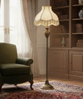 Transitional Scallop Bell Shade For Lamps In Ivory Jacquard Fabric With Brass Spider Fitter in a classic home decor setting