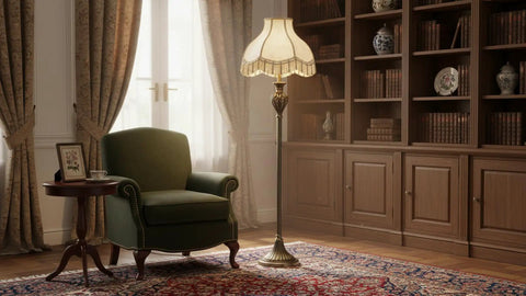 Transitional Scallop Bell Shade For Lamps In Ivory Jacquard Fabric With Brass Spider Fitter in a classic home decor setting