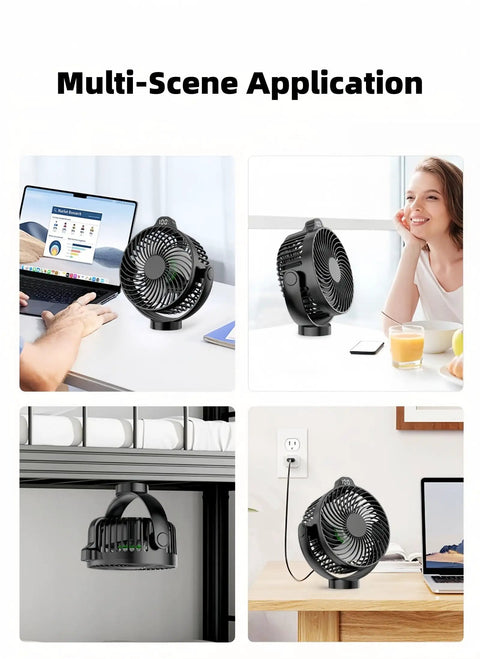 Two Pack Magnetic Cruise Fans With LED Display And 12000mAh Battery Pack Battery Operated showing multi-scene use on desk, kitchen, bunk bed.
