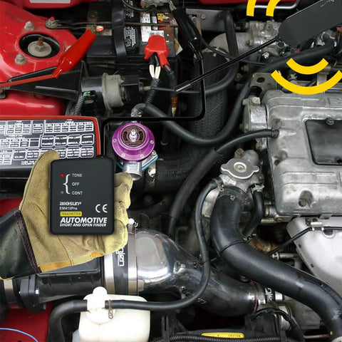 Automotive Wire Tracker Pro with Short and Open Circuit Finder and Cable Toner in use under a car hood, tracing wires.