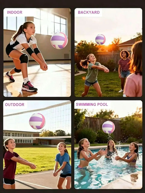Beach Volleyball Official Size Indoor Outdoor Soft Volleyball For Girls Teens And Youth Practice Backyard Games With Pump Needles Colorful Volleyballs Set Bundle showing use in various settings.