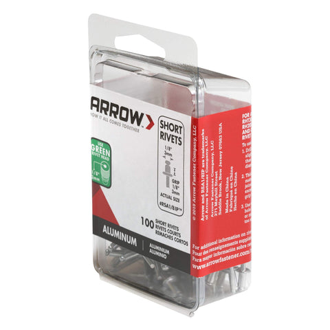 Short Aluminum One Eighth Inch Pop Rivets For Metal Fabric Leather And Auto Repair 100 Pack in clear plastic packaging