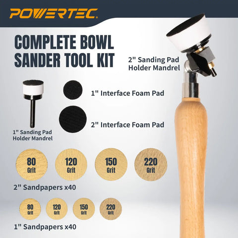 Bowl Sander Tool Kit for Woodturning with double bearing holder, 1in & 2in discs, adjustable head, and sanding pads.