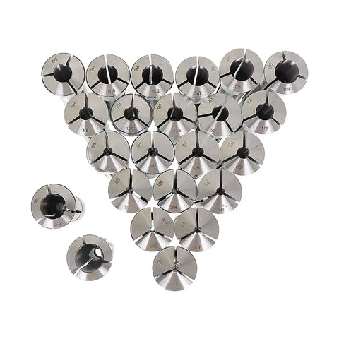 Pro Grade Twenty Three Piece R8 Mill Collets Set with 1/16 to 3/4 inch range, steel construction, for CNC milling machines