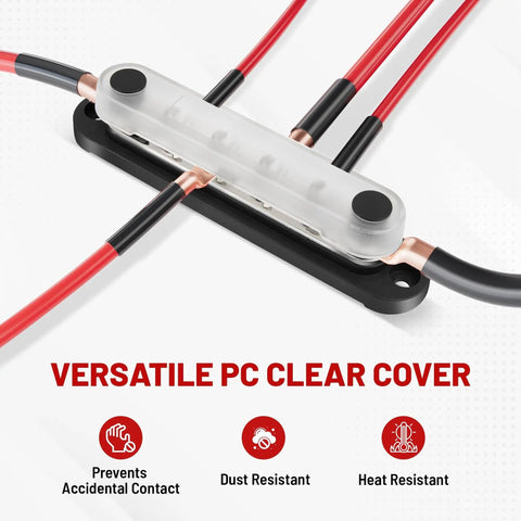 Heavy Duty 150 Amp 12V Bus Bar With Cover Rock Solid M6 Studs for Clean Wire Setup with clear cover and copper connectors.