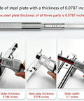 Close-up of Bullet Proof Full Extension Drawer Slides featuring measurements of 0.0787 inch steel plate thickness.