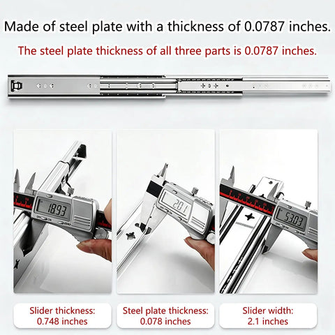 Close-up measurements of 16 Inch Heavy Duty Full Extension Ball Bearing Drawer Slides With Dead Easy Side Mount Tracks.