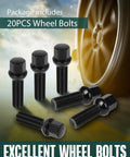 Twenty Premium 14x1.5 Extended Lug Bolts With A Robust Forty Millimeter Long Shank And Sixty Four Millimeter Overall Length Engineered For Vw Vehicles And Wheels Using Smooth Ball Seat Fitment Built Tough For Street Cruising And Show Level Rig Upgrades, six black steel wheel bolts displayed.