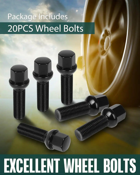 Twenty Premium 14x1.5 Extended Lug Bolts With A Robust Forty Millimeter Long Shank And Sixty Four Millimeter Overall Length Engineered For Vw Vehicles And Wheels Using Smooth Ball Seat Fitment Built Tough For Street Cruising And Show Level Rig Upgrades, six black steel wheel bolts displayed.