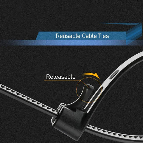 Close-up of heavy duty reusable cable zip tie showing releasable feature with smooth edges for quick fixes and easy bundling.