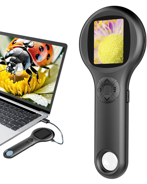 Pocket Digital Microscope for Kids Kid Friendly Handheld USB 500X Magnifier With 4X Zoom Portable Learning Toy shown with laptop and screen