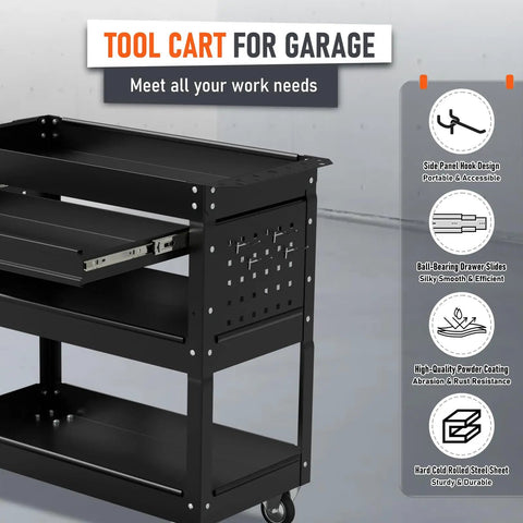 Beefed Up Heavy Duty 3 Tier Rolling Tool Cart On Wheels With Drawers 400 Lbs Capacity Steel Service Cart for garage