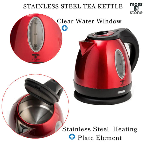 Red One Point Two Liter Cordless Electric Kettle 1500 Watt Fast Boil Stainless Steel Portable Tea Pot With Boil Dry Protection