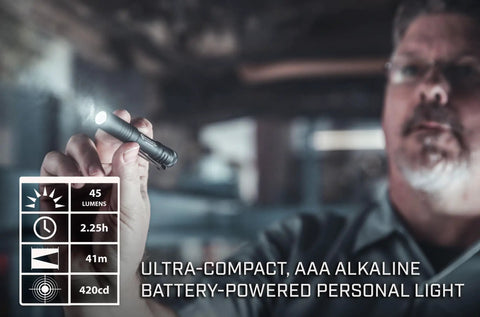 Person holding MicroStream 45 Lumen Everyday Carry Pocket Flashlight With AAA Battery Included in dim workshop.
