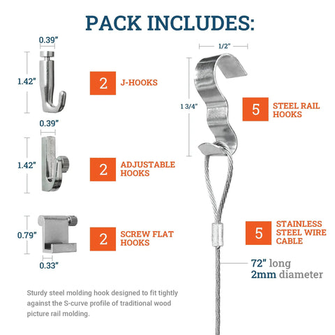 Image showing 5 Picture Rail Hooks And Wire Set For Traditional Molding, includes J-hooks, adjustable hooks, and steel wire cable.