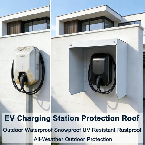 Heavy Duty Hella Weatherproof EV Charger Cover With Magnetic Flip Door And Tinted Shield For Outdoor Wall Mount Guard blocking rain and debris.
