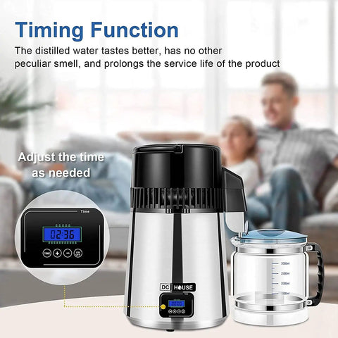 1 Gallon Water Distiller Timeable With 304 Stainless Steel Filter And CNC Timing LCD Display, shown on a countertop