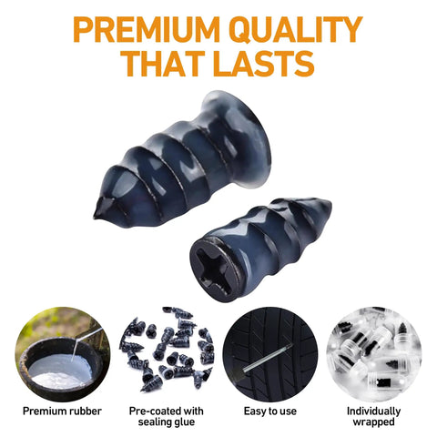 Total Game Changer for Emergency Flat Repairs Featuring 40 Piece Tire Plug Kit and Three Tubes of Thick Black Tire Sealant to Caulk Screw Holes and Nail Punctures in Tubeless Treads Super Fast, showing premium rubber screws.
