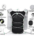 Waterproof Hydration Pack For Outdoor Running And Cycling With Reflective Safety Stripes, ergonomic back with mesh, close-up view