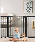 Extra Wide Baby Gate With Door For Stairs And Doorways, Pressure Mounted, Walk Through Swing Door in black, with baby and pup in room
