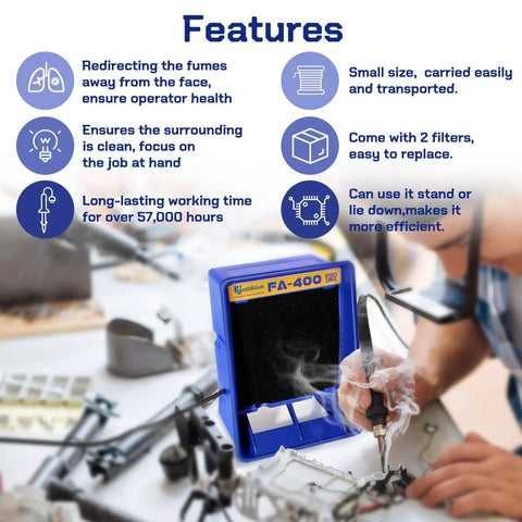 Portable Soldering Fume Extractor Anti ESD Smoke Absorber With Activated Carbon Filter in use at electronic workbench