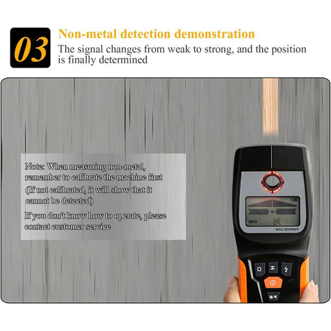 Demonstration of Slick Digital Wall Scanner And Straight Shot Stud Finder With Three Scan Modes detecting non-metal signals.