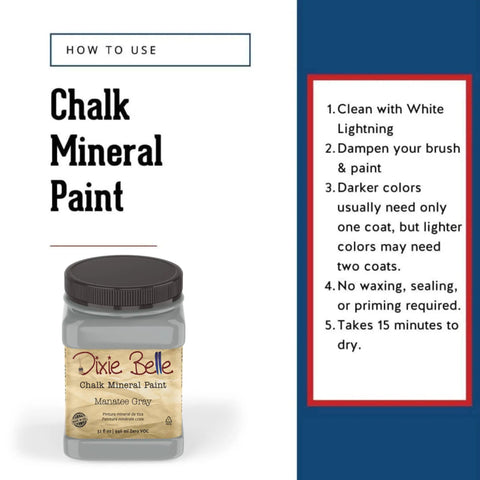 Instruction guide for Manatee Gray Chalk Finish Furniture Paint for DIY Lovers, showing steps and paint jar image.