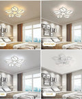 Modern 60W Dimmable LED Ceiling Light With Remote, 23.6 Inch White Acrylic Leaf Flush Mount Chandelier in bedroom with different light settings