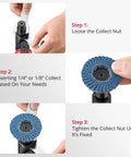 Step-by-step instructions for using the Beefy Power 20000 RPM Right Angle Air Die Grinder with After Exhaust, Empty Oil Bottle, and collets.