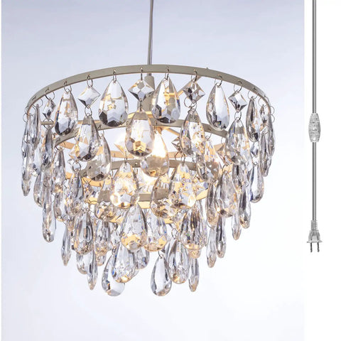 Plug In Crystal White Dome Chandelier With Five Tiers Of Clear Acrylic Crystals, White Metal Frame, Pendant Front View