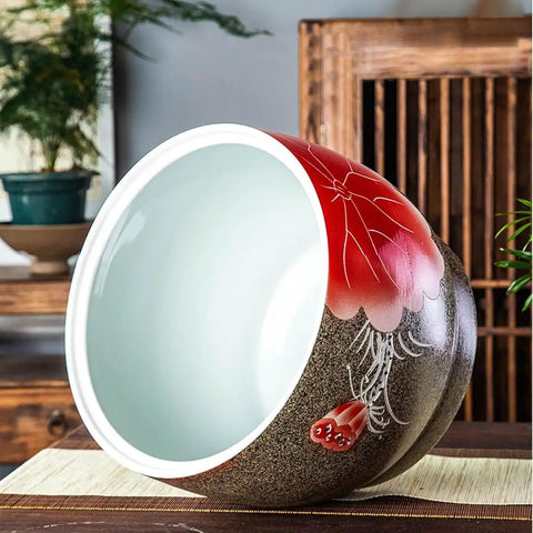 Heavy Duty Ceramic Rice Jar With Tight Porcelain Lid For Flour Sugar And Coffee Beans Classic Kitchen Food Storage Container angled view with floral design