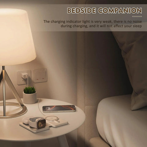 Three In One Magnetic Wireless Charger Travel Station on bedside table, charging iPhone, Watch, AirPods, foldable design