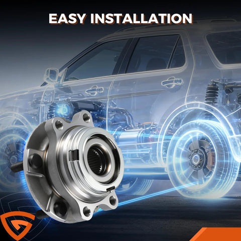 Rear And Front Wheel Bearing And Hub Assembly Kit For Ford Explorer 2011 To 2018 And Police Interceptor Utility Front And Rear 5 Lug Hubs With ABS Durable Replacement For Rough Roads Direct Fit shown with vehicle illustration