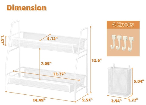 Dimension diagram of 2 Tier Bathroom Organizer Countertop With Metal Wire Mesh Basket Hooks And Vanity Tray Shelf Kitchen Spice Rack White Finish