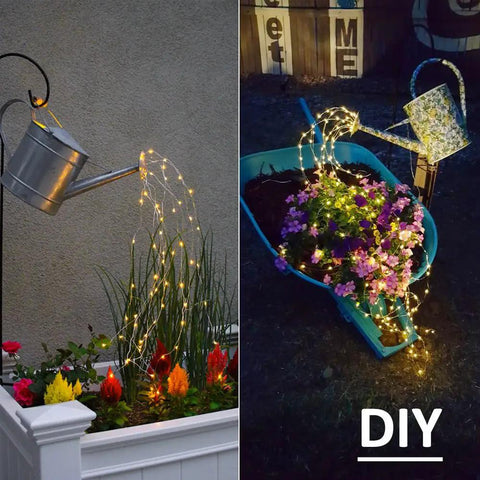 Outdoor Solar Fairy String Lights Watering Can Waterfall Effect 9 Strands Of 180 LEDs illuminating garden decor at night.
