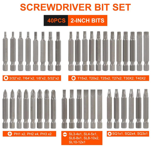 40-piece screwdriver bit set with various sizes and two-inch length, part of 200-Piece Drill And Driver Bit Set With HSS And CR-V Bits