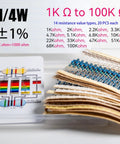 0.25W Metal Film Resistor Kit With 14 Values And 280 Pieces From 1K To 100K Ohms Tolerance 1 Percent Includes Paper Tape And Color Code Card For Easy Sorting DIY Electronics Prototyping And PCB Projects, showing labeled paper tape and color code card.