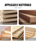 Various wood materials including density board, chipboard, hardwood, pine wood, and plywood for Premium 1/4 Inch T-Slot Router Bit.