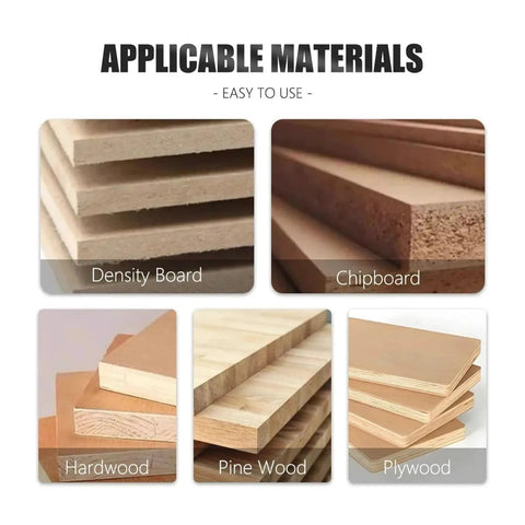 Various wood materials including density board, chipboard, hardwood, pine wood, and plywood for Premium 1/4 Inch T-Slot Router Bit.