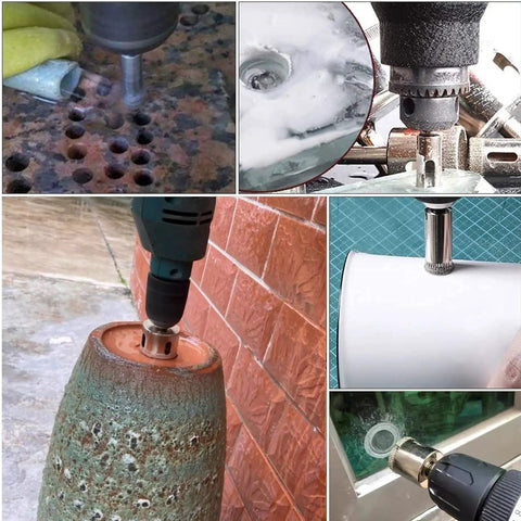 Heavy Duty Diamond Hole Saw Drill Bits For Glass Tile And Porcelain Masonry Stone 1/4 Inch 6mm in action on various materials.
