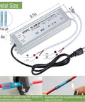 Go-To 300W LED Driver 24V DC Power Supply IP67 Waterproof LED Transformer with 3-Prong Plug and 3.3 Ft Cable dimensions shown.