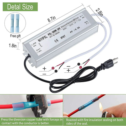 Go-To 300W LED Driver 24V DC Power Supply IP67 Waterproof LED Transformer with 3-Prong Plug and 3.3 Ft Cable dimensions shown.