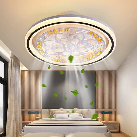 20In LED Enclosed Low Profile Flower Ceiling Fan Light With Remote in modern bedroom, illuminating the space