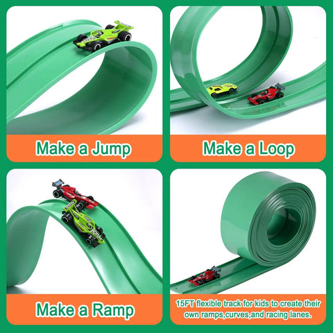 Customizable 15.75 Ft Flexible Race Track For Kids With 4 Cars And 6 Suction Cups Easy To Store Outdoor Toy Set shown in loops and ramps.