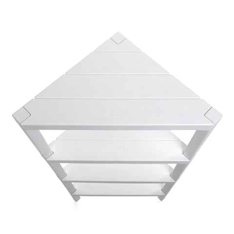 Hella Weather Resistant Plastic Corner Shelving Unit With Four Roomy Tiers Keeps Humidity Out Perfectly in bright white from above
