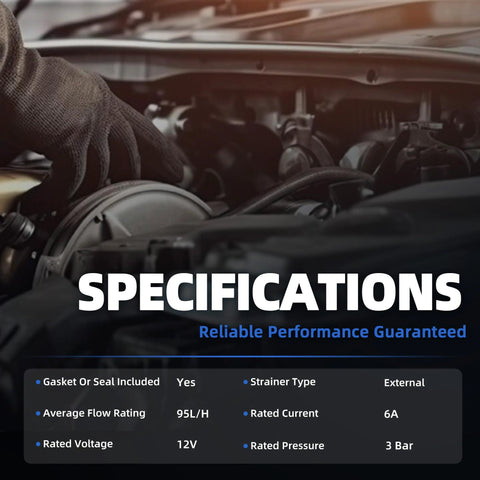 Specifications text and image of engine bay for Ford F-150 Fuel Pump Replacement 1999-2003 Fits V6 4.2L V8 4.6L 5.4L RWD 120 Inch Wheelbase Regular Cab 139 Inch Wheelbase 157 Inch Wheelbase Bi-Fuel Or Gas Aftermarket