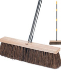 Heavy Duty 18 Inch Push Broom With Rock Solid Wooden Base And Extended Handle For Garage Sweeping And Driveway Cleanup, close-up view of brush head.