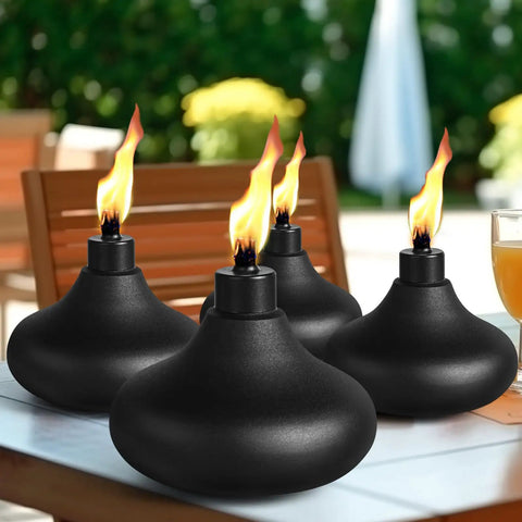 Two Pack Metal Table Top Torches With 24.5 Ounce Citronella Fuel Capacity Refillable Outdoor Flame Light Lanterns on patio table