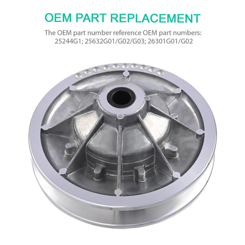 Beefed Up Rear Driven Clutch For EZGO Gas Golf Cart High Torque Upgrade 4 Cycle 1991 And Up Aluminum Drive Clutch Replacement OEM 25244G1 25632G01 G02 G03 26301G01 silver aluminum rear view