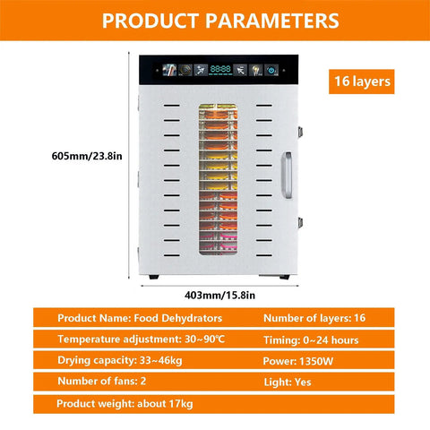 Big Batch Electric Food Dehydrator With 16 Trays Sick Beef Jerky Dryer For Fruits Veggies Herbs And Meats 1350 Watt digital screen view.